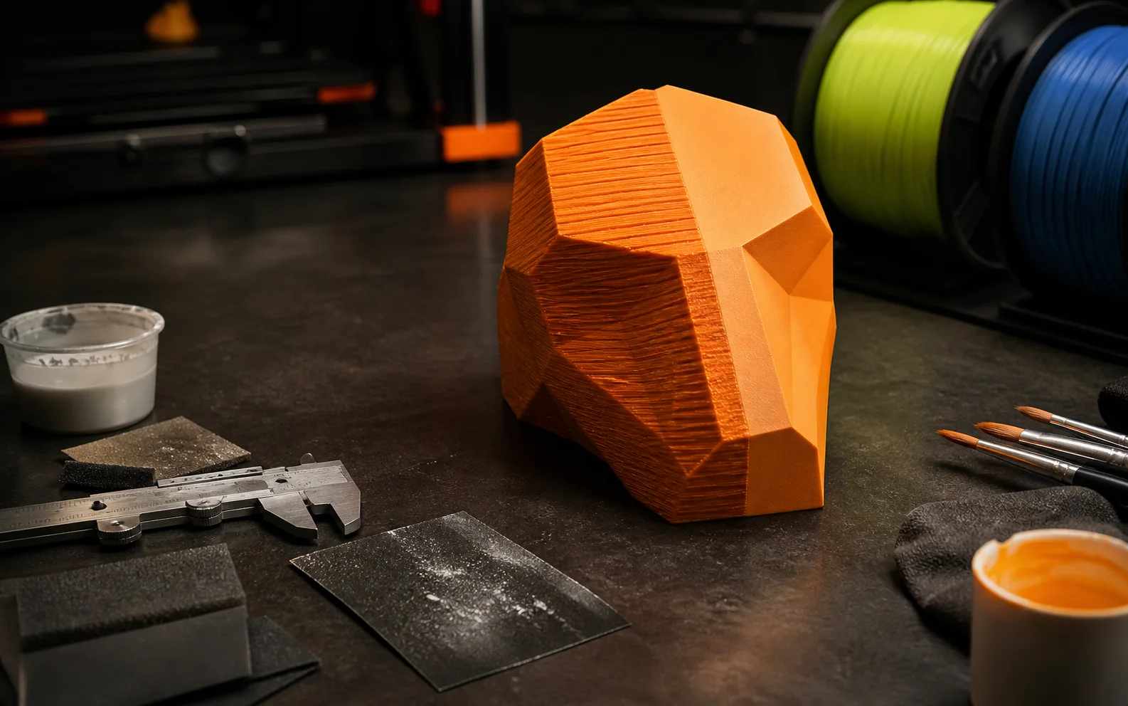 Peça 3D laranja com metade bruta e metade lisa ao lado de lixas, pincéis e paquímetro