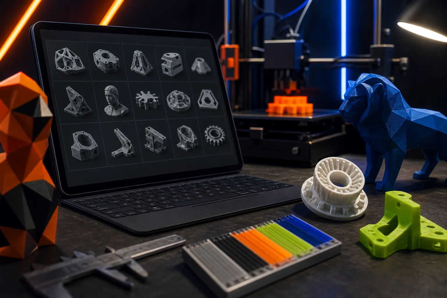 Tela com modelos 3D, impressora e testes impressos sobre mesa escura