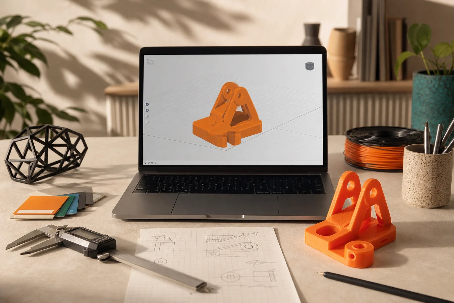 Arquivo STL aberto em notebook, paquímetro e peça laranja impressa em 3D sobre mesa de studio