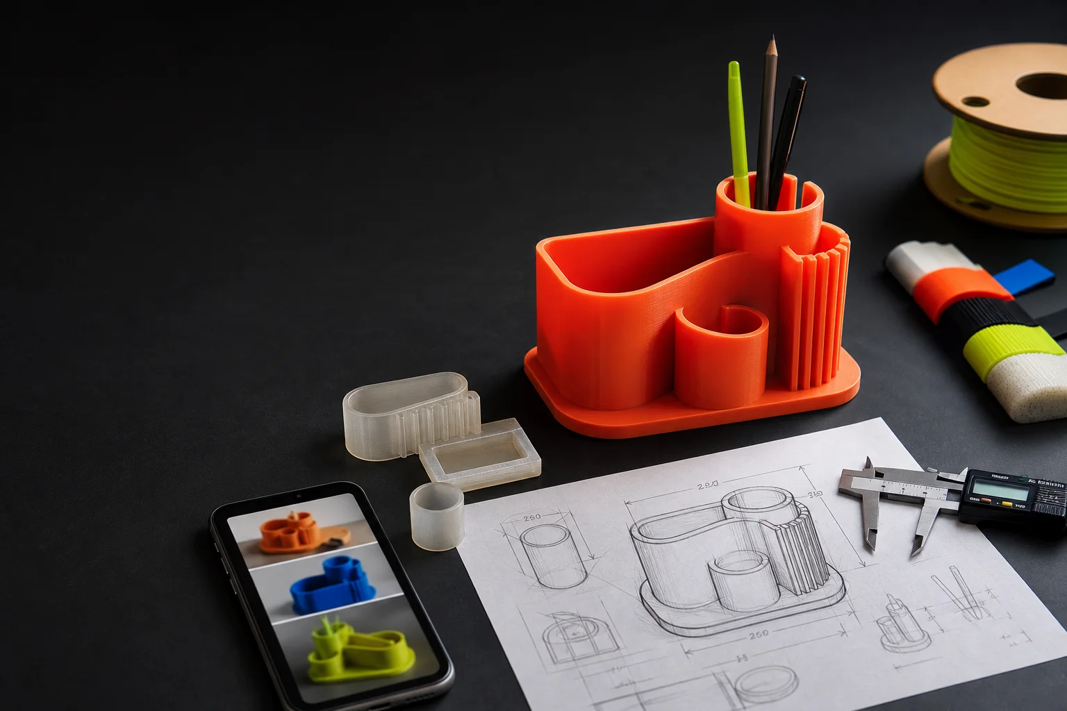 Mesa de studio com sketch, referências e peça impressa em 3D laranja