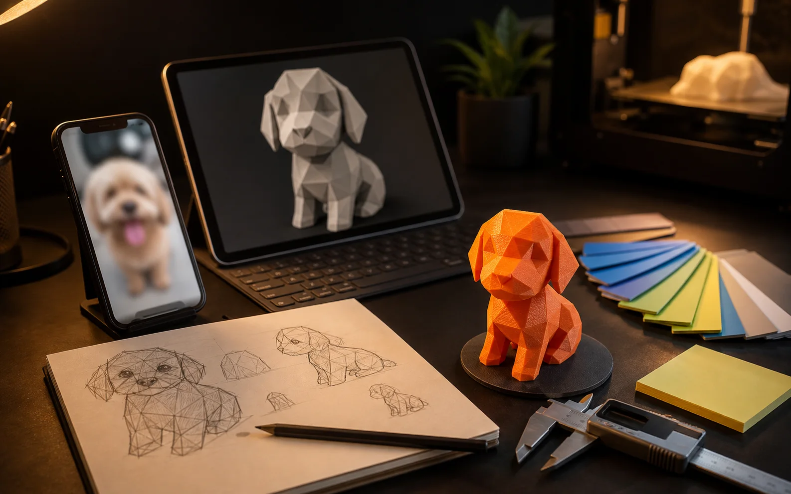 Foto de pet desfocada, sketch e modelo 3D low poly sendo usado como referência para uma peça impressa