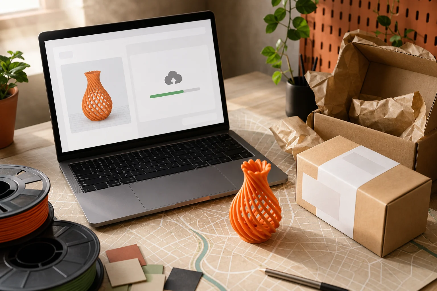 Notebook com envio de modelo 3D, peça impressa, filamentos e embalagem em mesa de studio