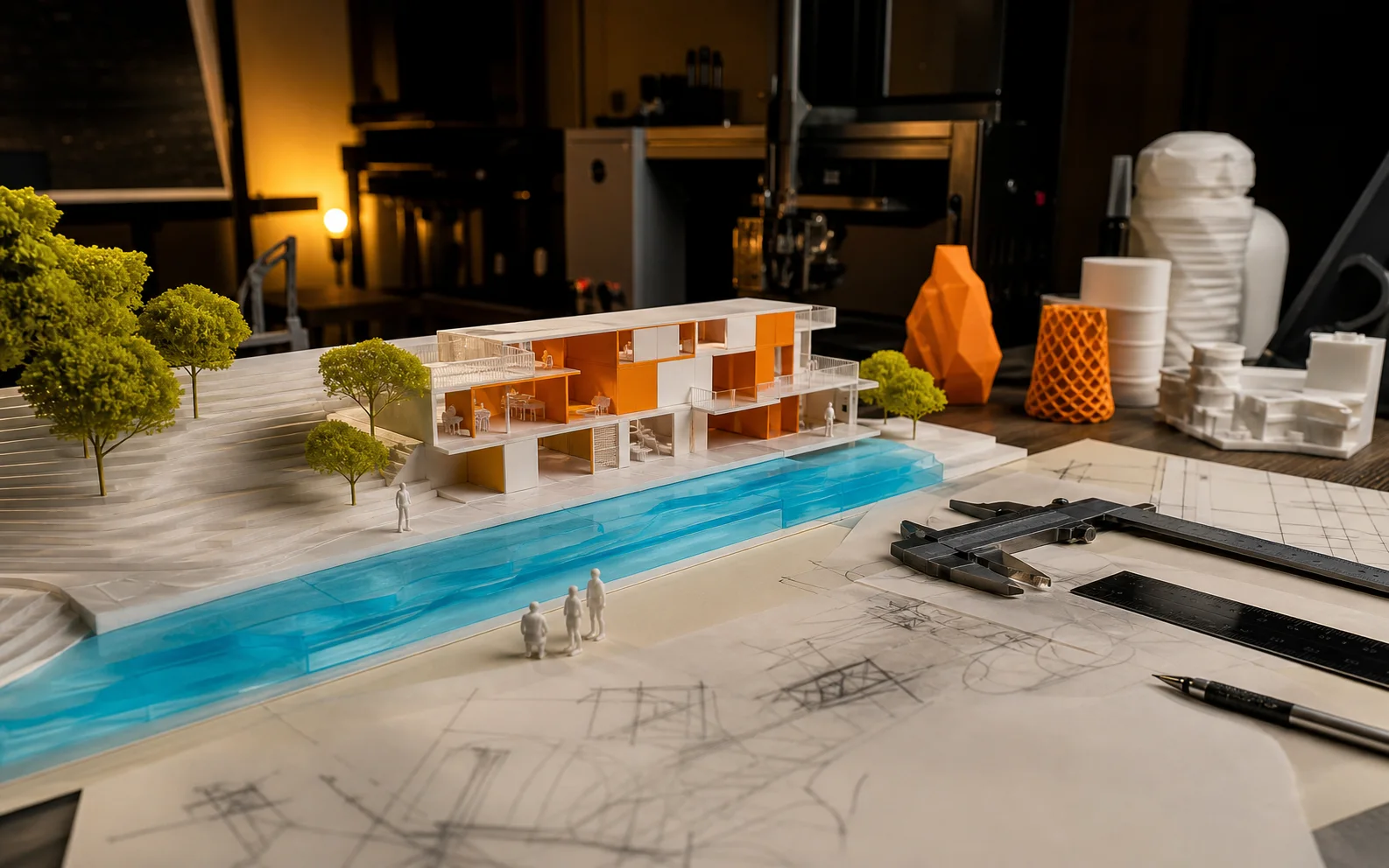 Maquete arquitetônica impressa em 3D com peças brancas, detalhes laranja, rio translúcido e plantas técnicas