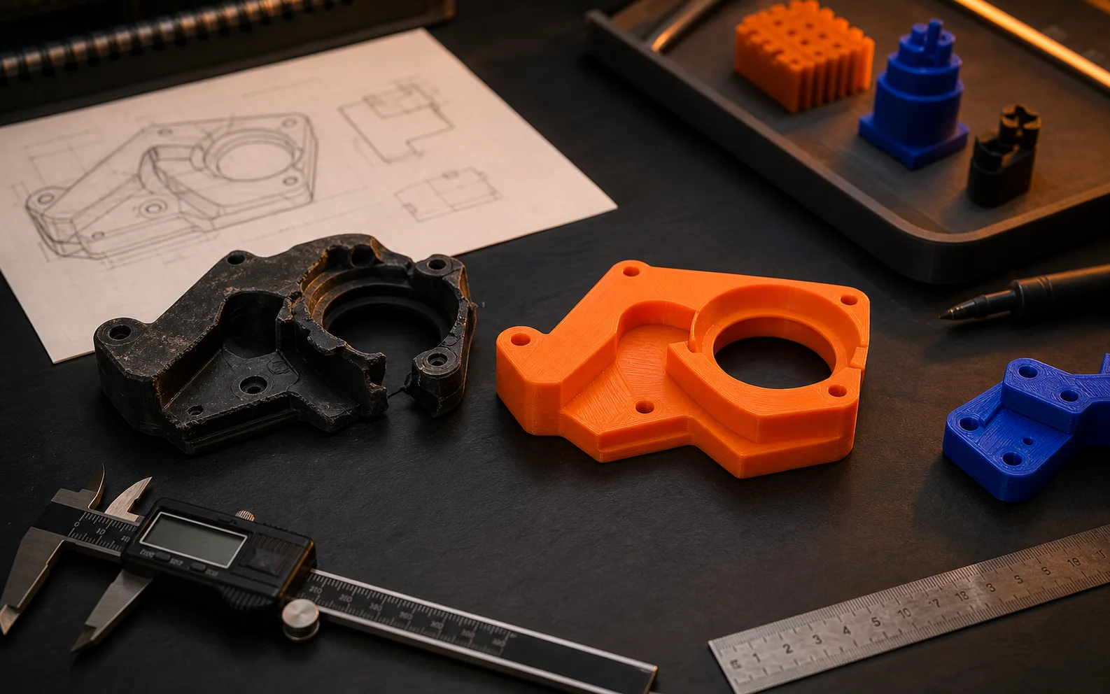 Peça plástica quebrada ao lado de uma reposição 3D laranja, paquímetro e desenho técnico