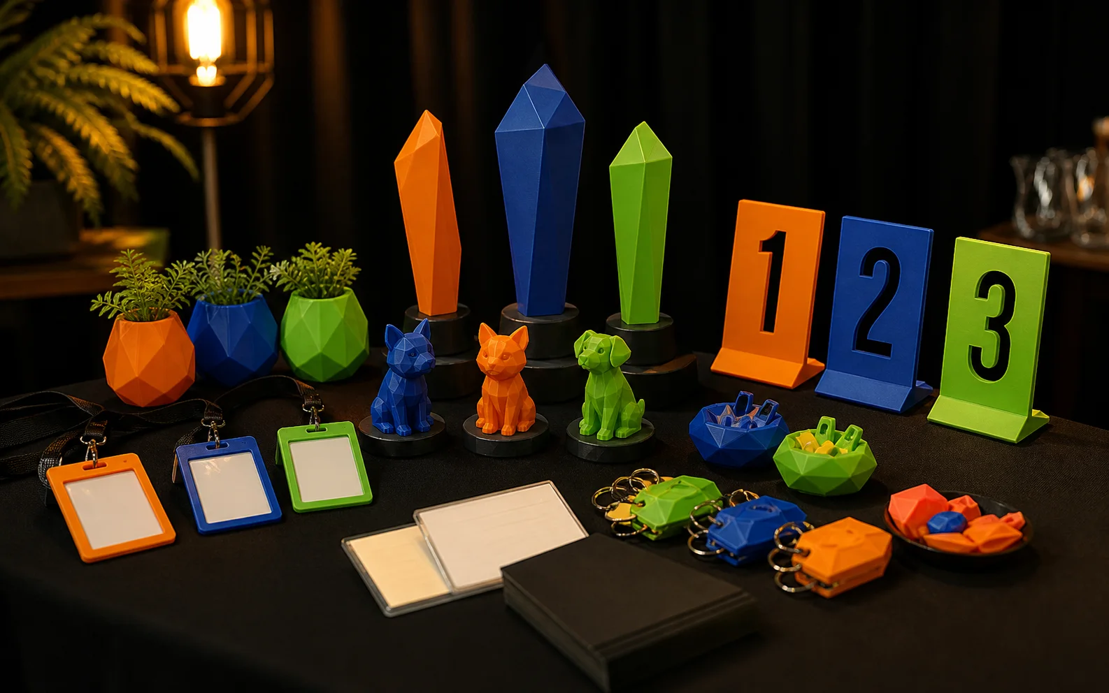 Mesa de evento com mini troféus, marcadores numerados e brindes 3D coloridos