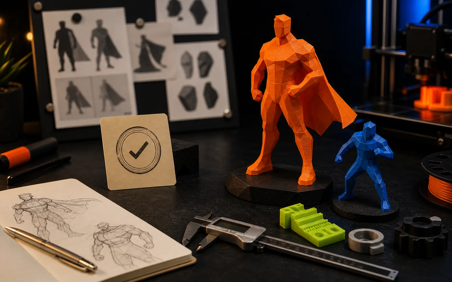Figura autoral impressa em 3D com sketch e cartão de permissão sobre mesa de studio