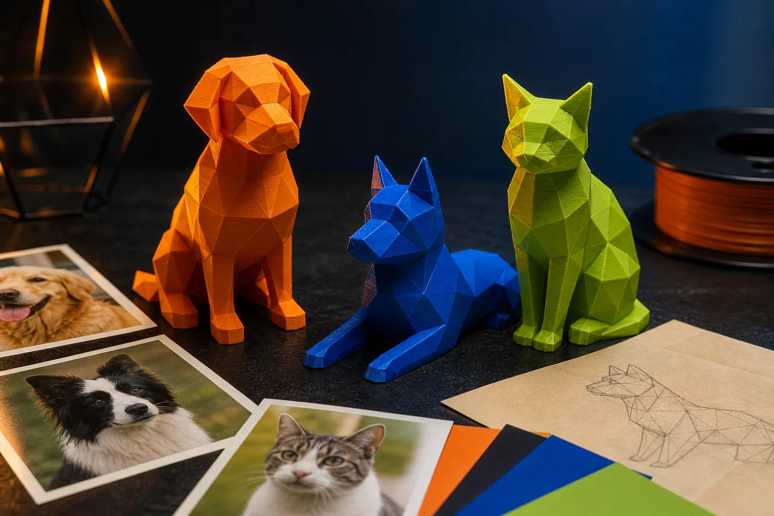Esculturas low poly de cachorro e gatos impressas em 3D