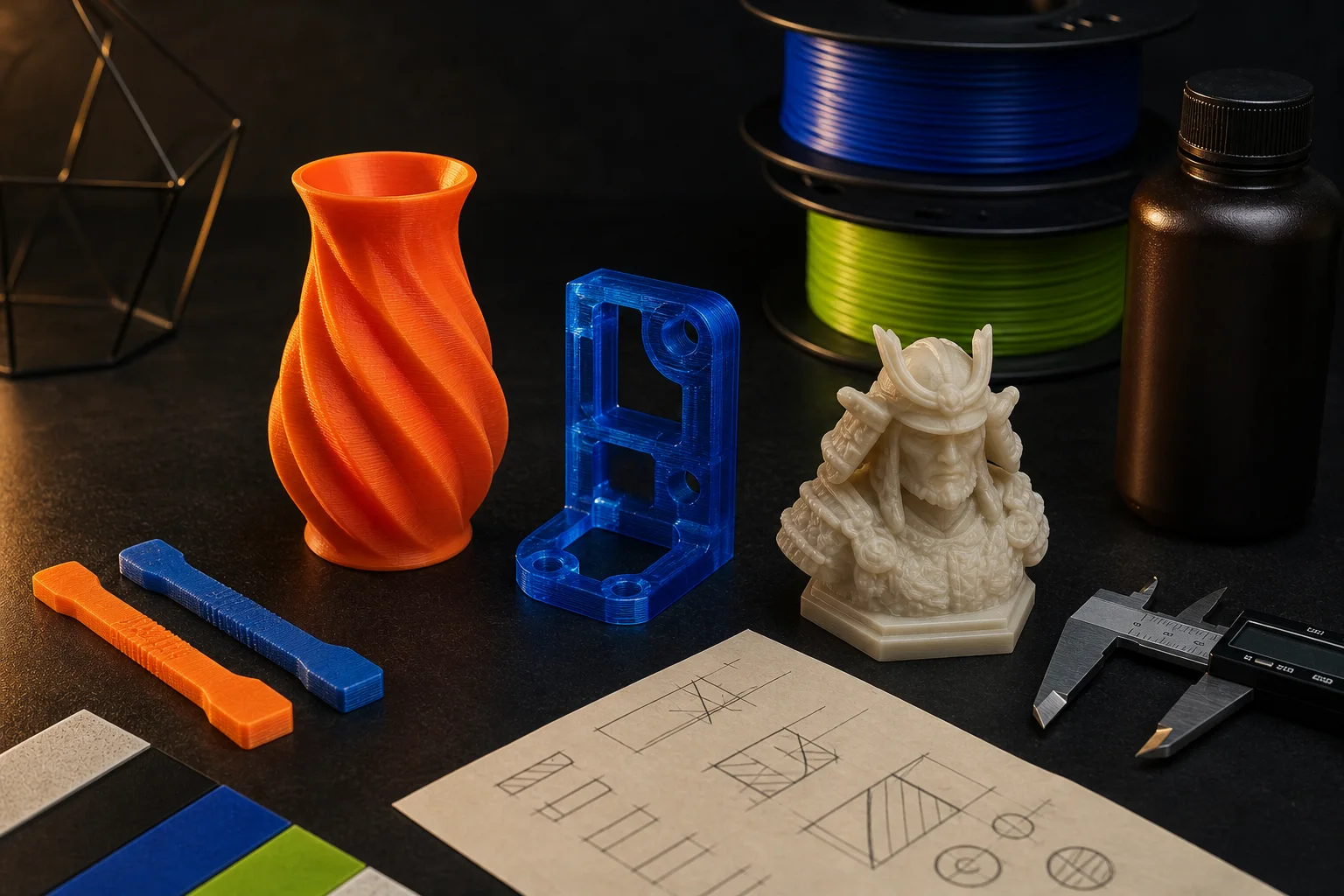 Peças em PLA, PETG e resina sobre mesa de studio
