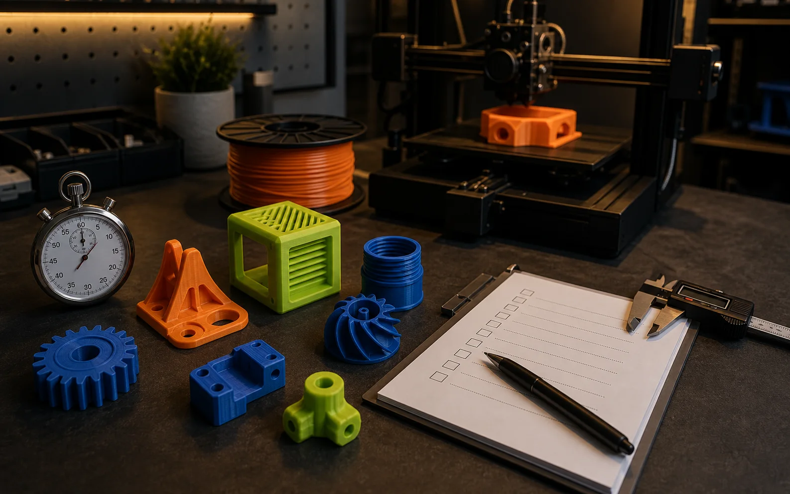 Peças 3D coloridas, cronômetro, checklist, paquímetro e impressora em produção
