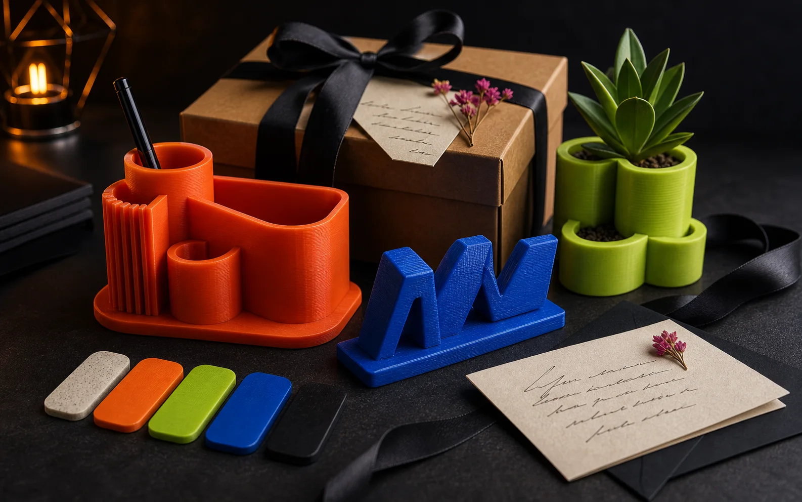 Presente personalizado com objetos impressos em 3D sobre mesa escura