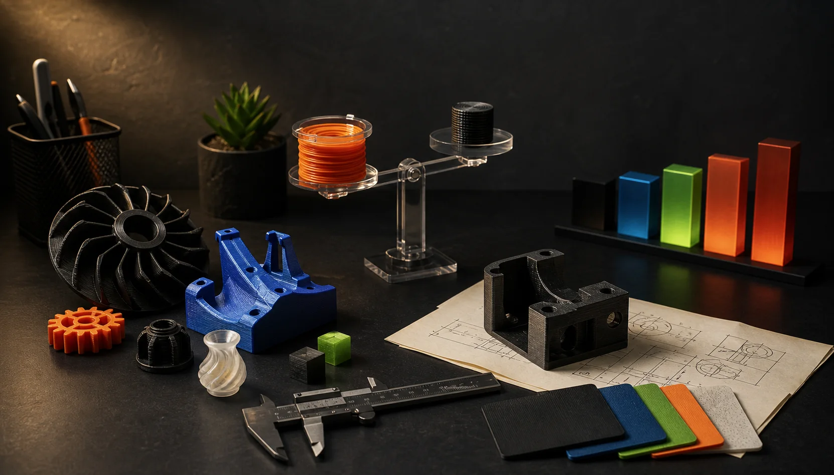 Peças impressas em 3D, amostras de material e escala de orçamento
