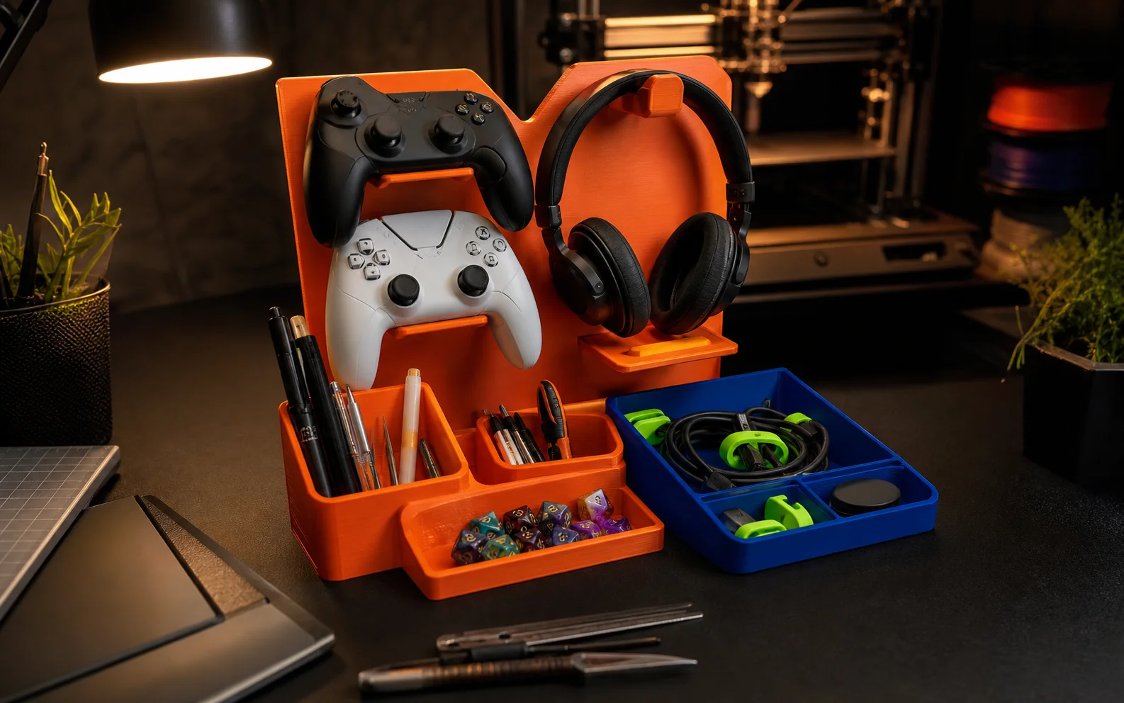 Organizador 3D laranja para controles, fones, dados e acessórios de mesa com bandeja azul